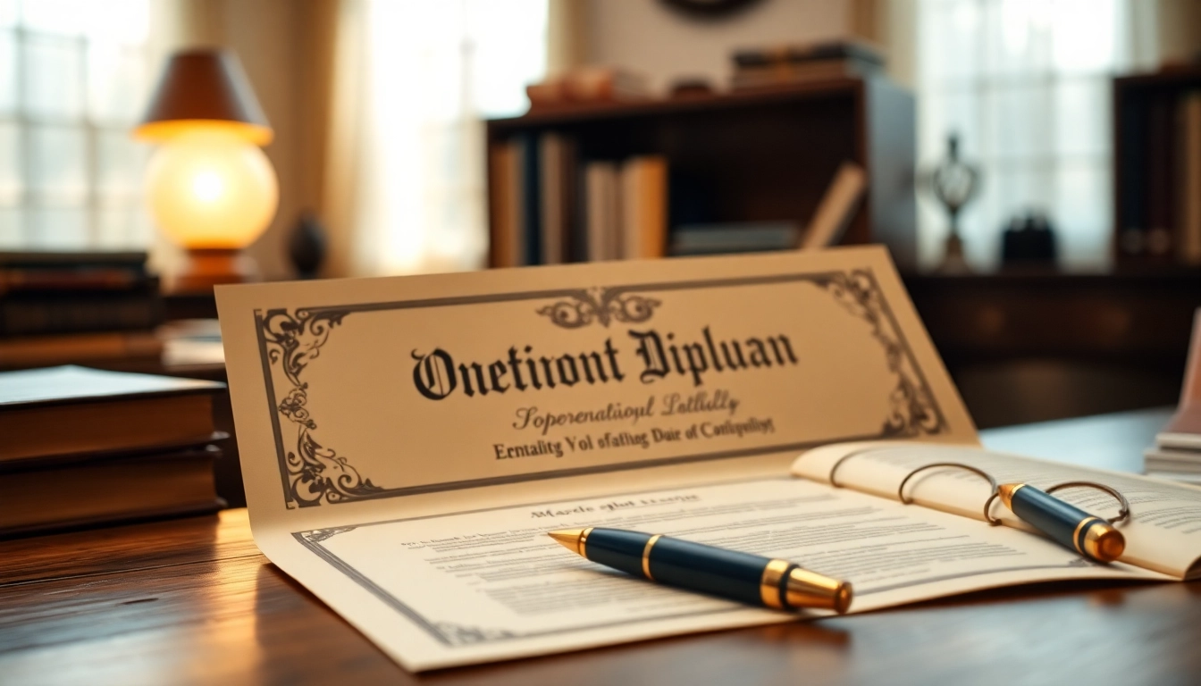 Showcase the best fake diplomas on a wooden desk with warm lighting and vintage props.