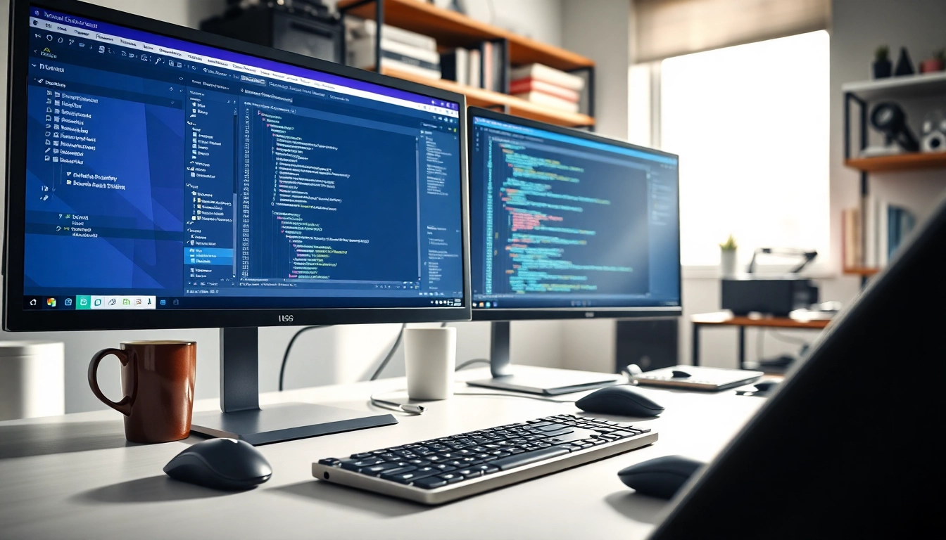Erleben Sie Microsoft Visual Studio in einer modernen Arbeitsplatzumgebung mit Dual-Monitor-Setup.