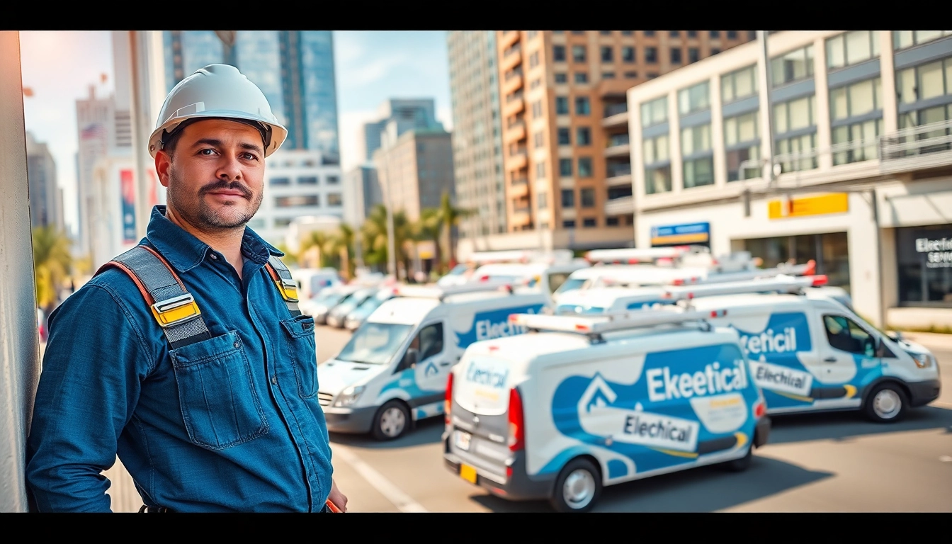 Electric Contractor technicians diligently installing lighting fixtures in a vibrant urban setting.