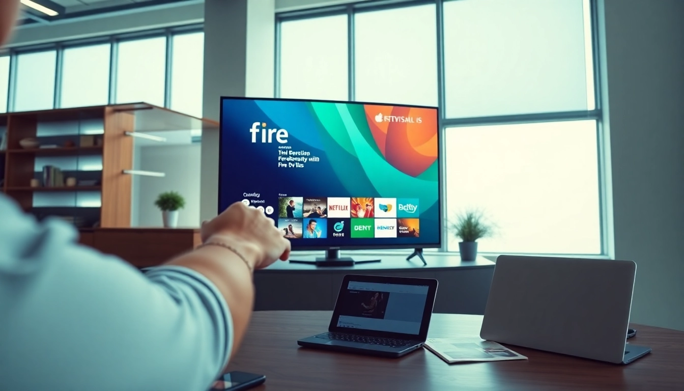 Engaging setup showcasing Fire TV digital signage app on a modern TV, enhancing workspace atmosphere.