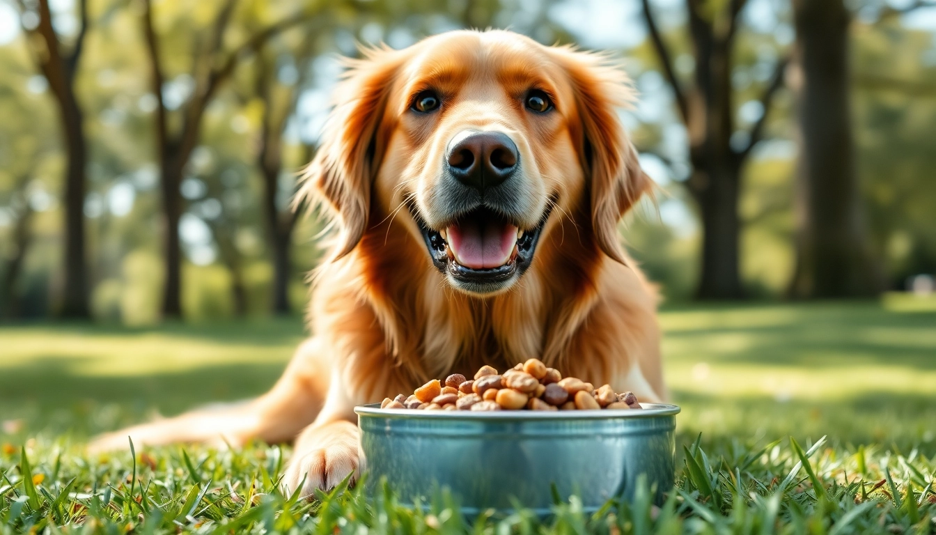 Showcasing a dog with Nature's Blend dog food Canada in a vibrant outdoor setting.