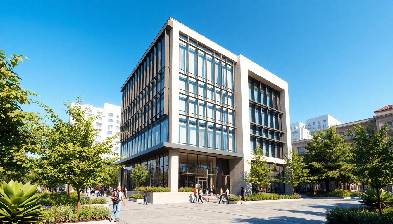 Visualisierung Architektur zeigt ein modernes Gebäude in lebendiger urbaner Umgebung.