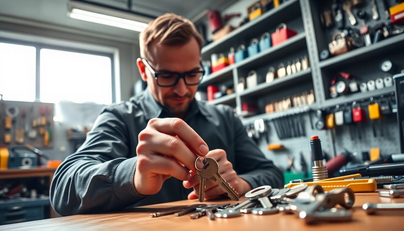 Locksmith assembling van keys in a modern workshop with tools and equipment.