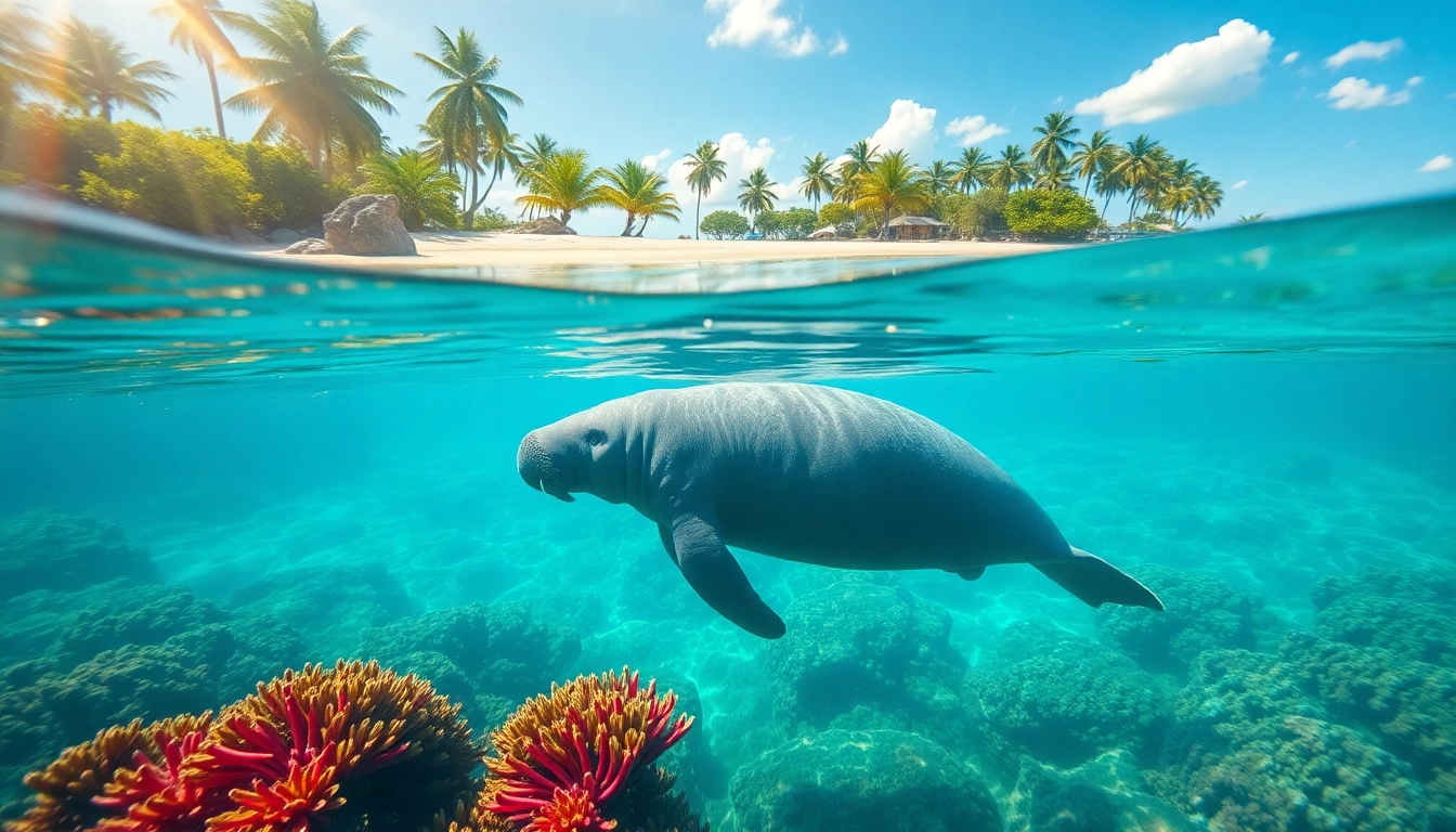 Manatees Puerto Rico swimming gracefully in a tranquil lagoon surrounded by vibrant vegetation.