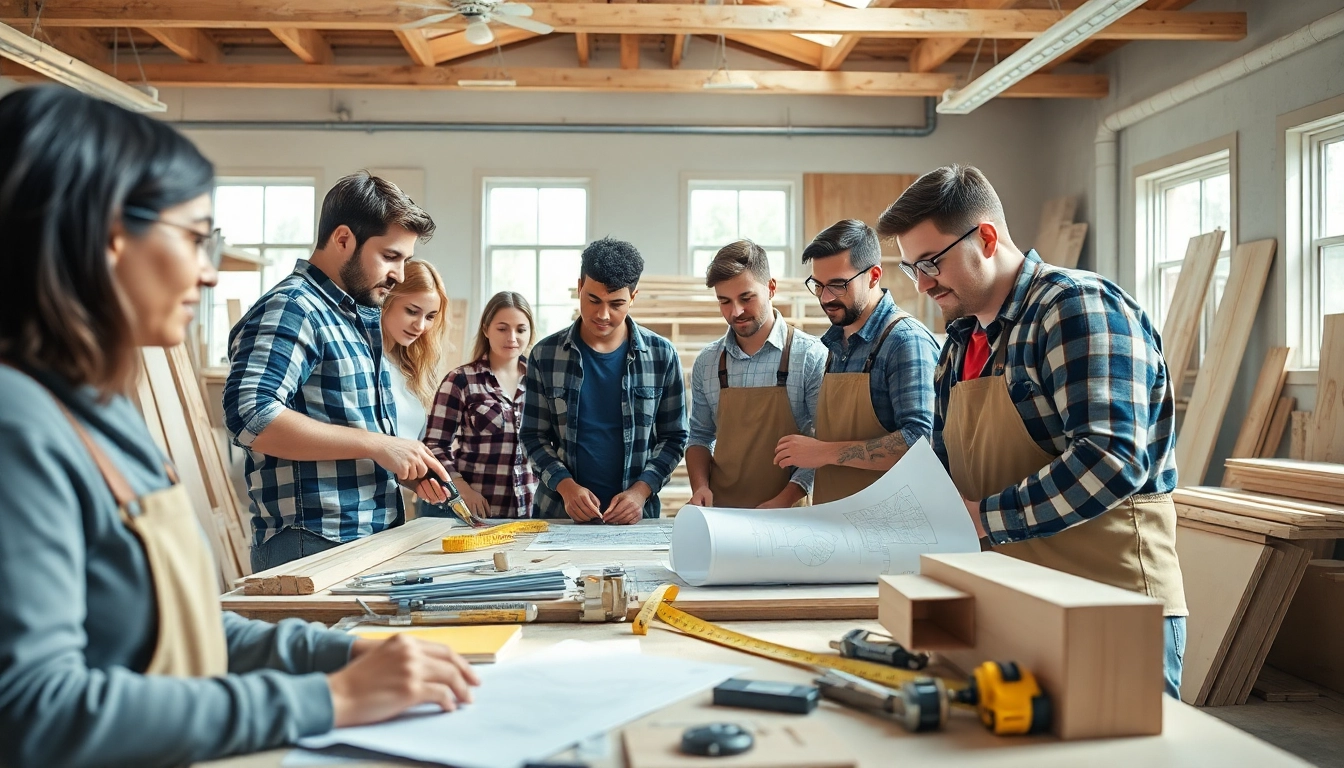 carpentry apprenticeship near me: Diverse carpentry apprentices working in a bright, well-equipped workshop.