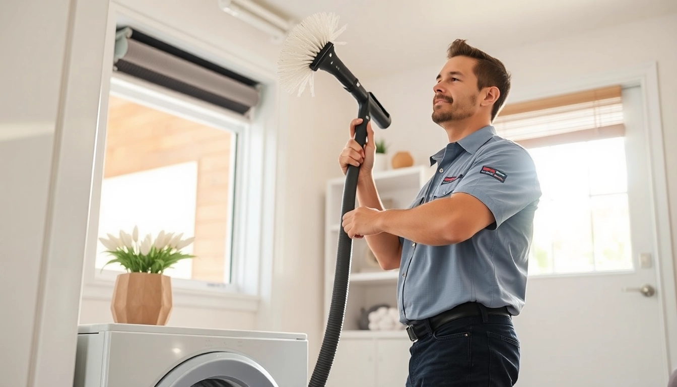 Technician cleaning a dryer vent in a home setting as part of dryer vent franchises near me services.