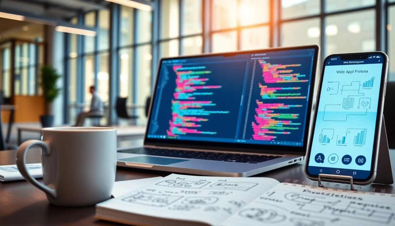 Engaging workspace for web development with code editor, laptop, and creative materials.