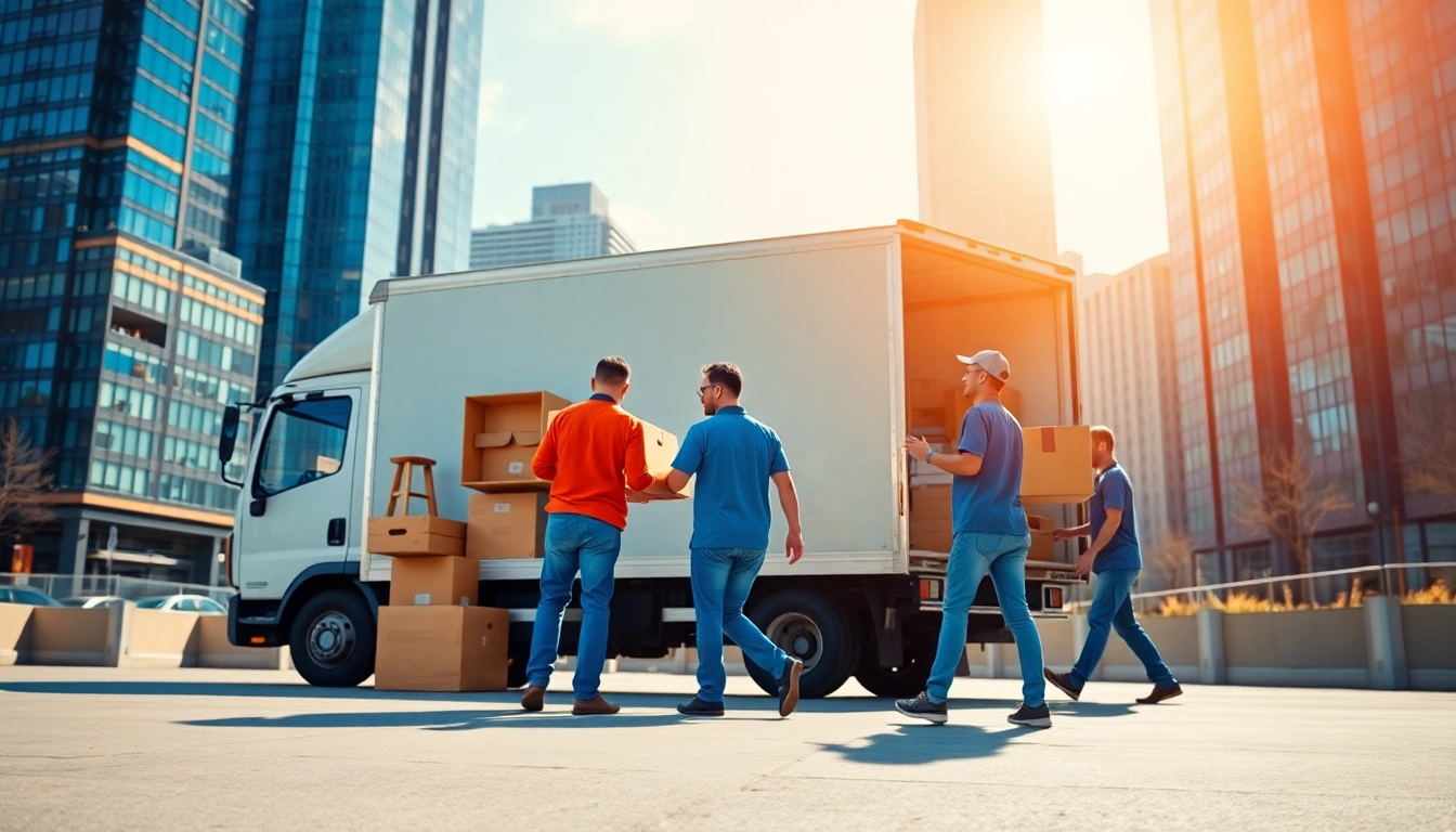 Professional movers delivering Commercial Moving Services while packing office furniture in an urban setting.