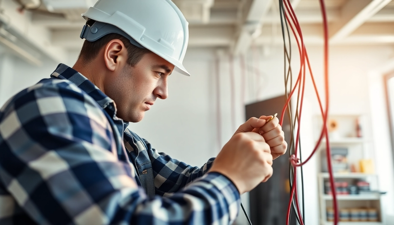 Electrical Contractor installing wiring in an office, showcasing professionalism and expertise
