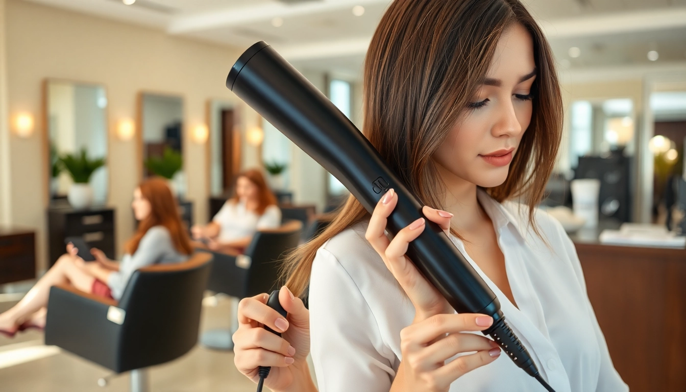 Fracsco AirBend™ S1 Pro Hair Styler & Dryer in use, showcasing sleek hairstyles in a vibrant salon.