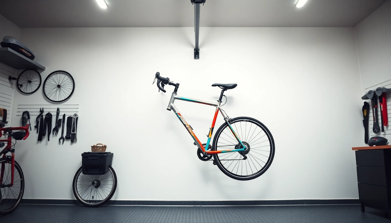 Bicycle wall hanger elegantly holding a bike, highlighting organization in a modern garage.