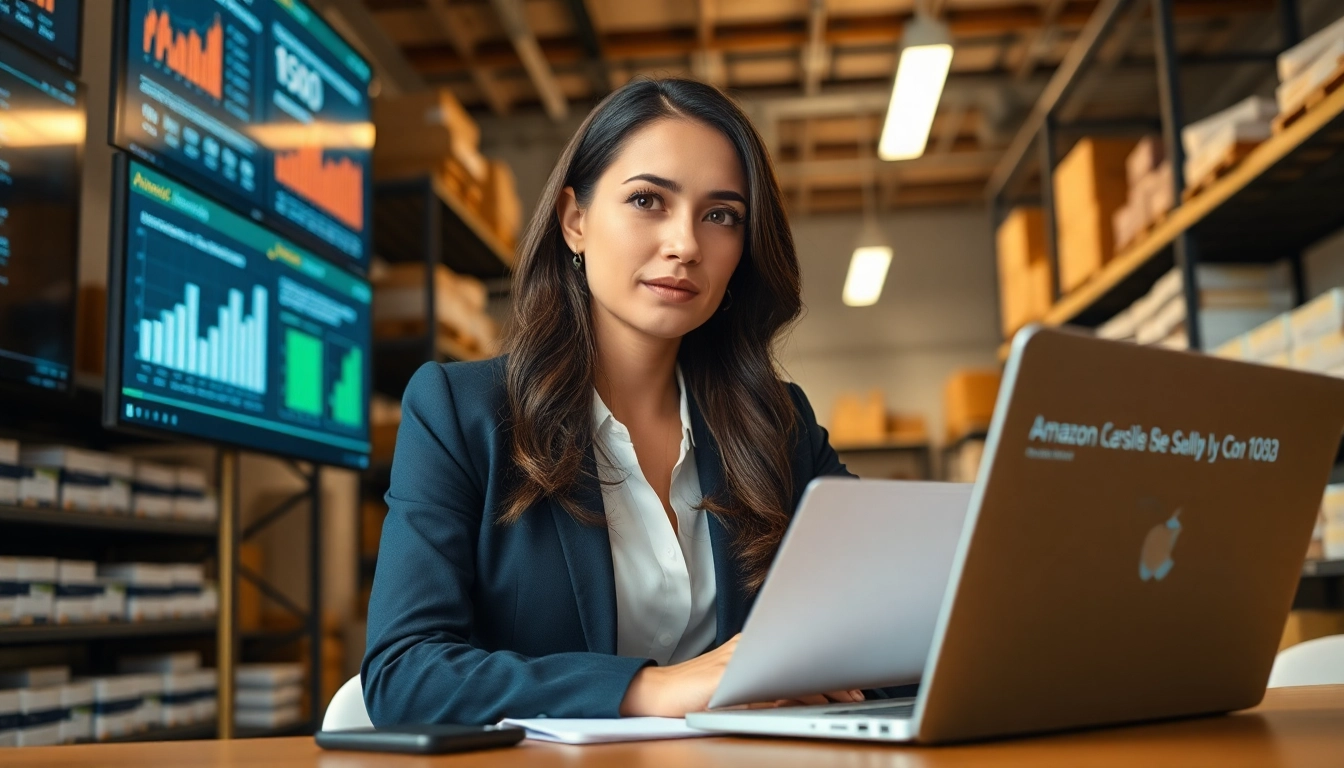 Selling wholesale on Amazon depicted with a businesswoman analyzing strategies in a modern office.