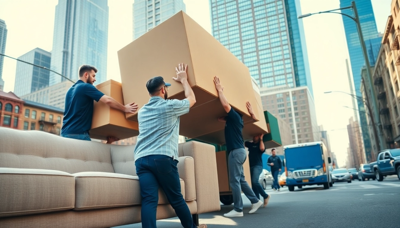 Moving company nyc professionals relocating furniture in a busy NYC street.