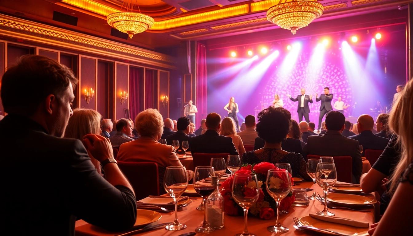 Enjoy the lively dinner theatre las vegas experience with guests dining and entertainers performing.