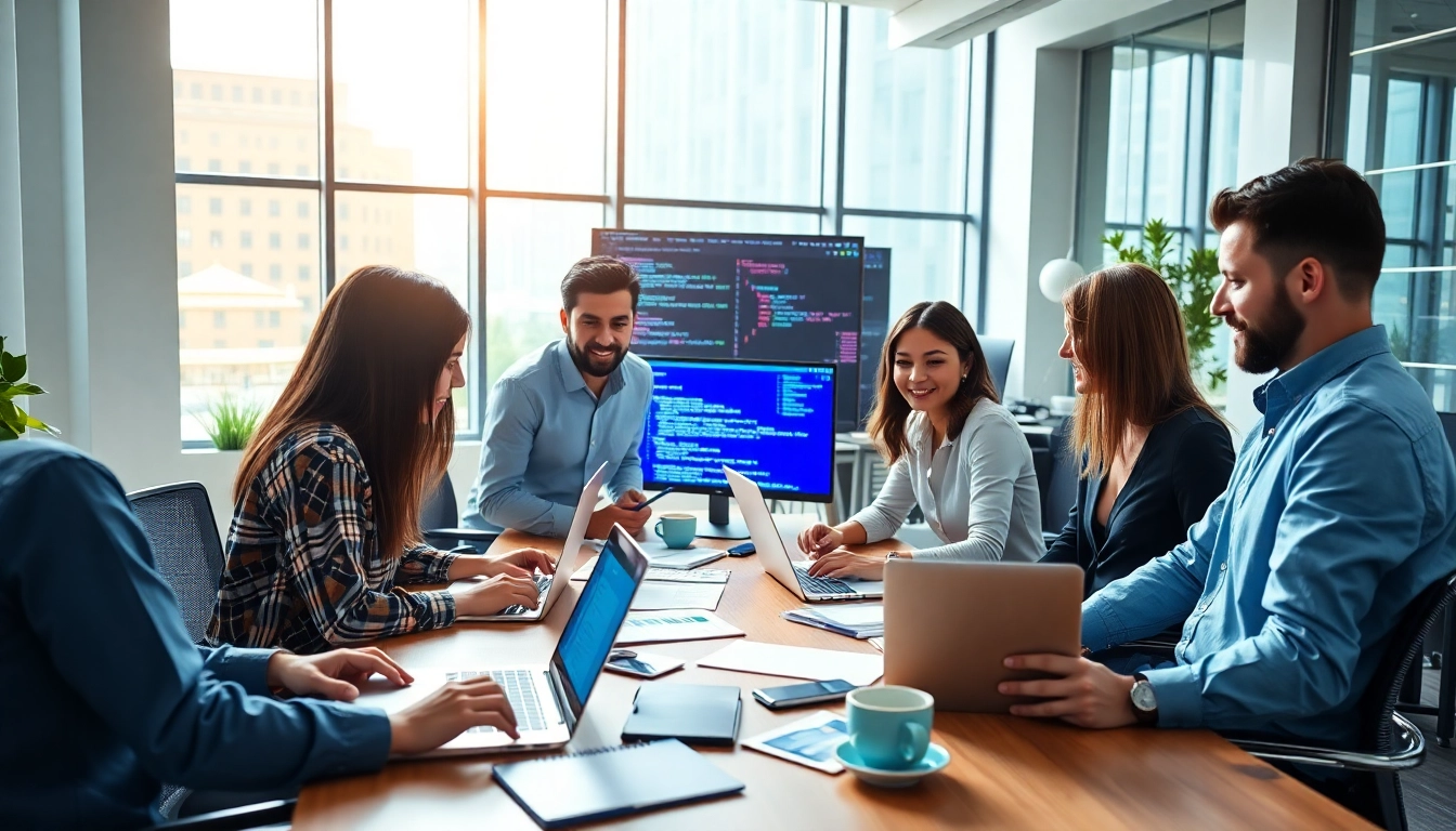 Showcase kansas city website development with a diverse team collaborating in a modern digital workspace.