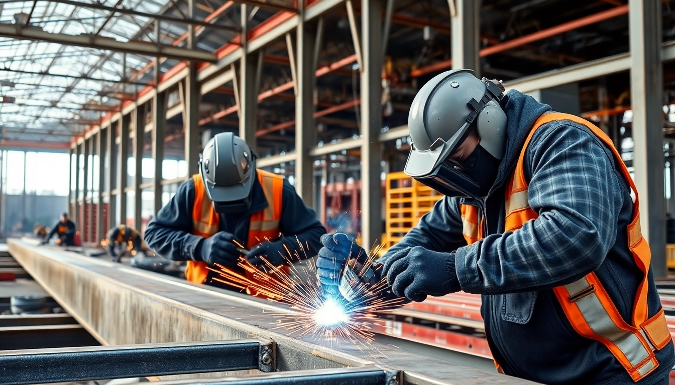 Skilled professionals engaged in structural steel welding at a bustling construction site.