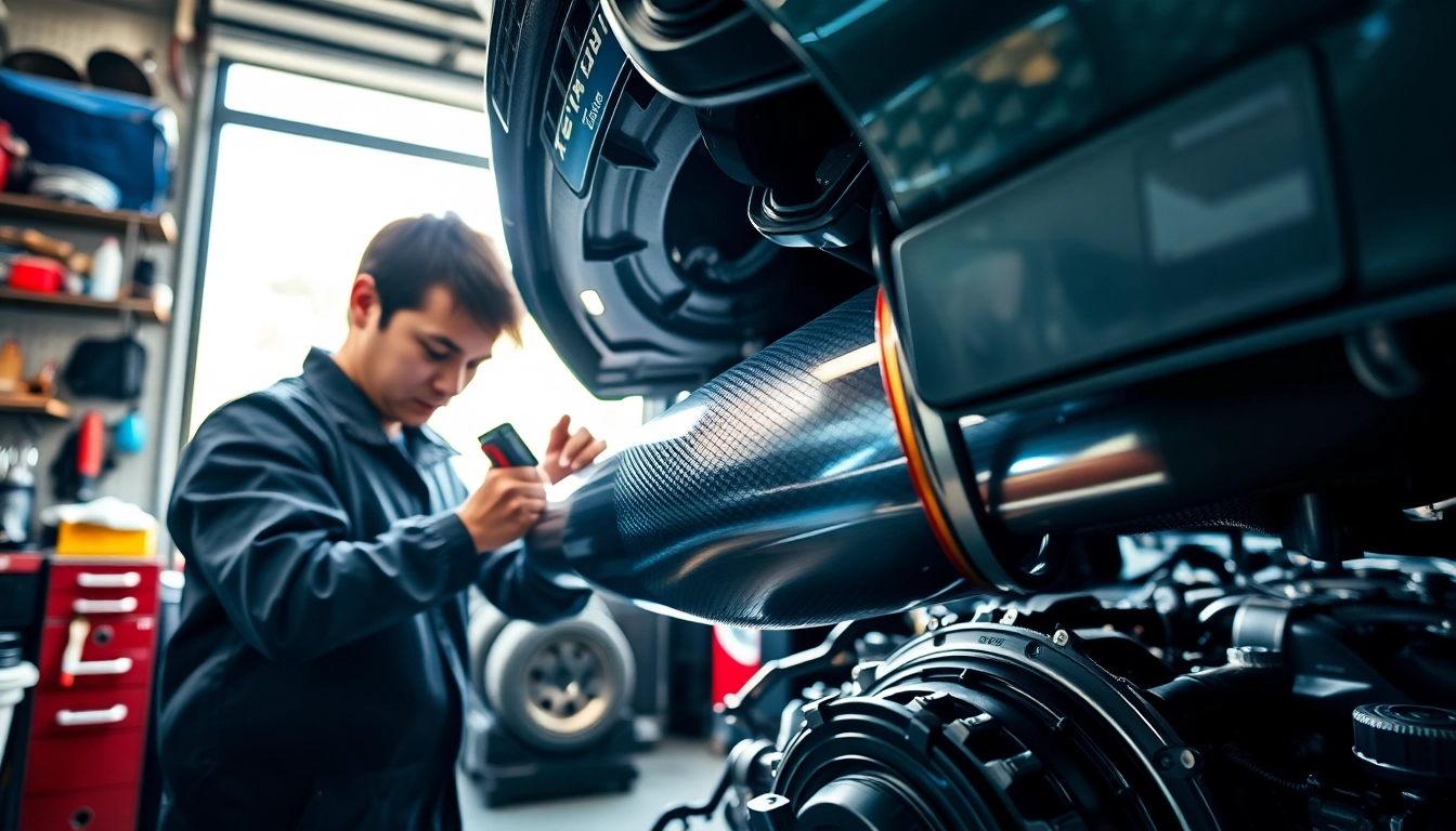 Install a downpipe n55 in a professional garage setting highlighting car mechanics
