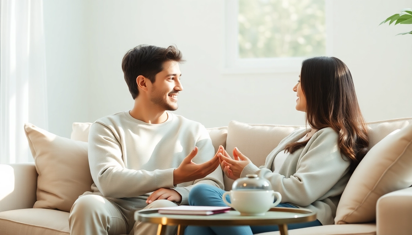Couple engaging in meaningful communication in relationships in a cozy living room setting.