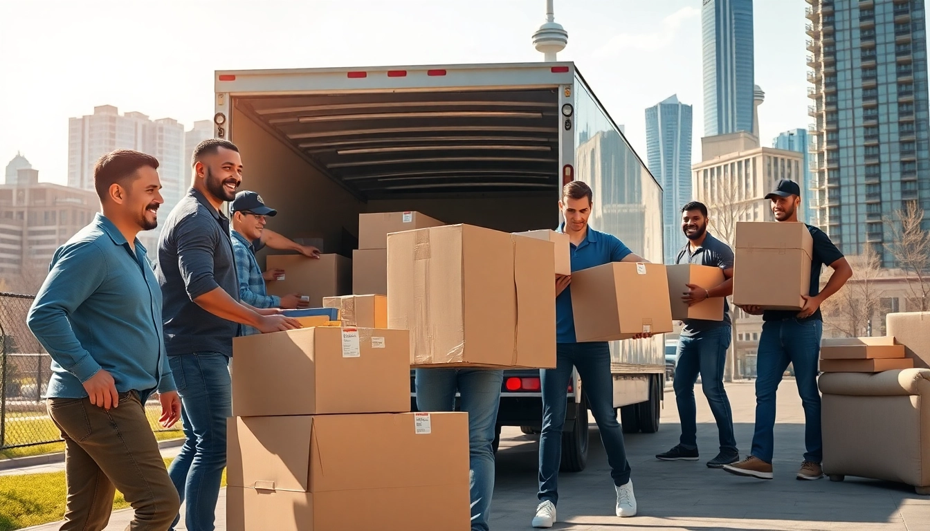Movers efficiently handling Toronto moving tasks among the city skyline, showcasing teamwork and professionalism.