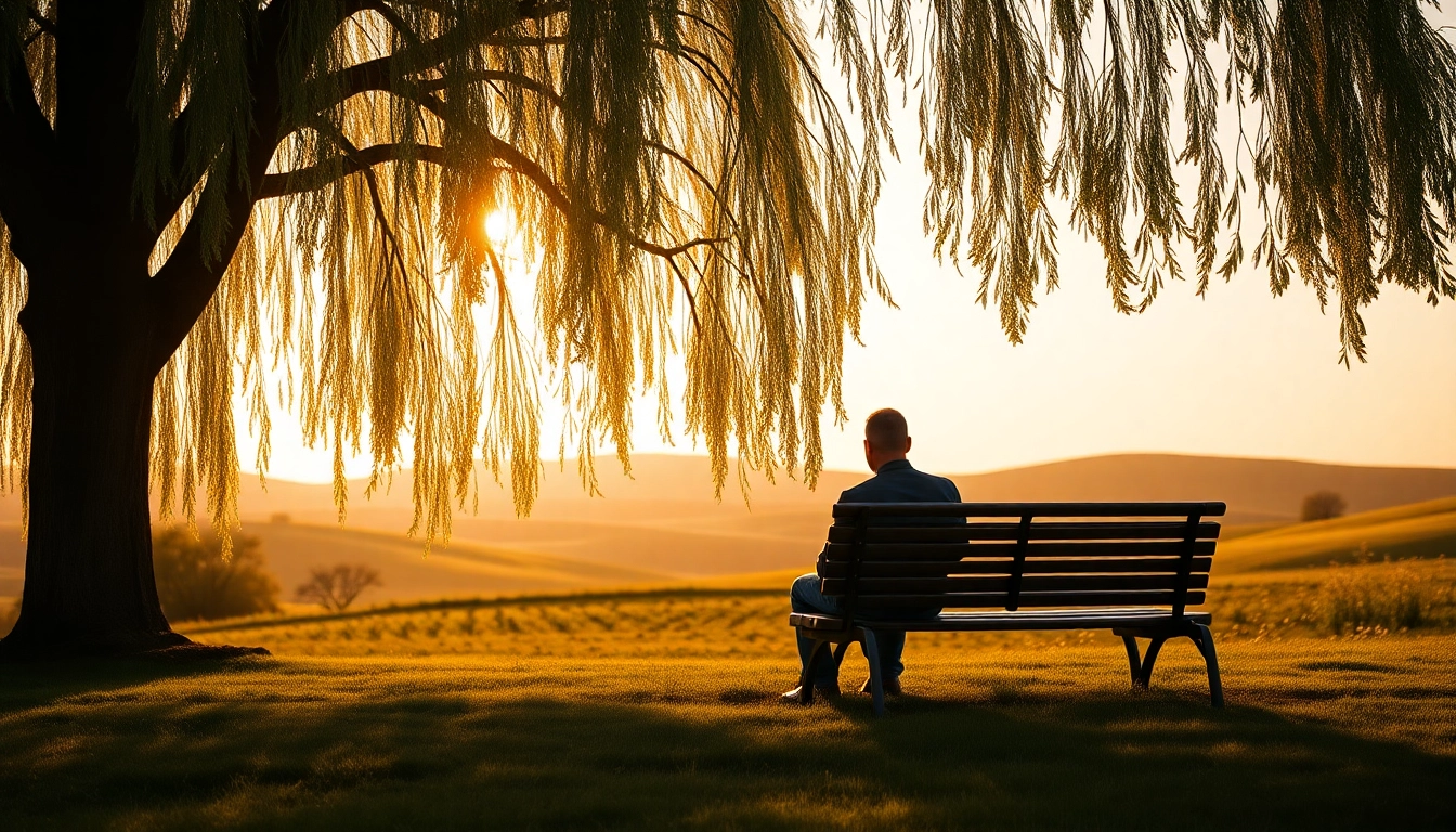 Person reflecting on depression in a serene park setting under a willow tree.