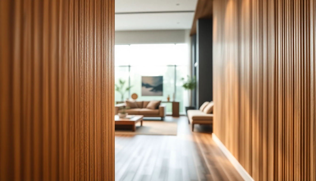 Showcase fluted wood wall panels enhancing a modern living room with stylish decor.